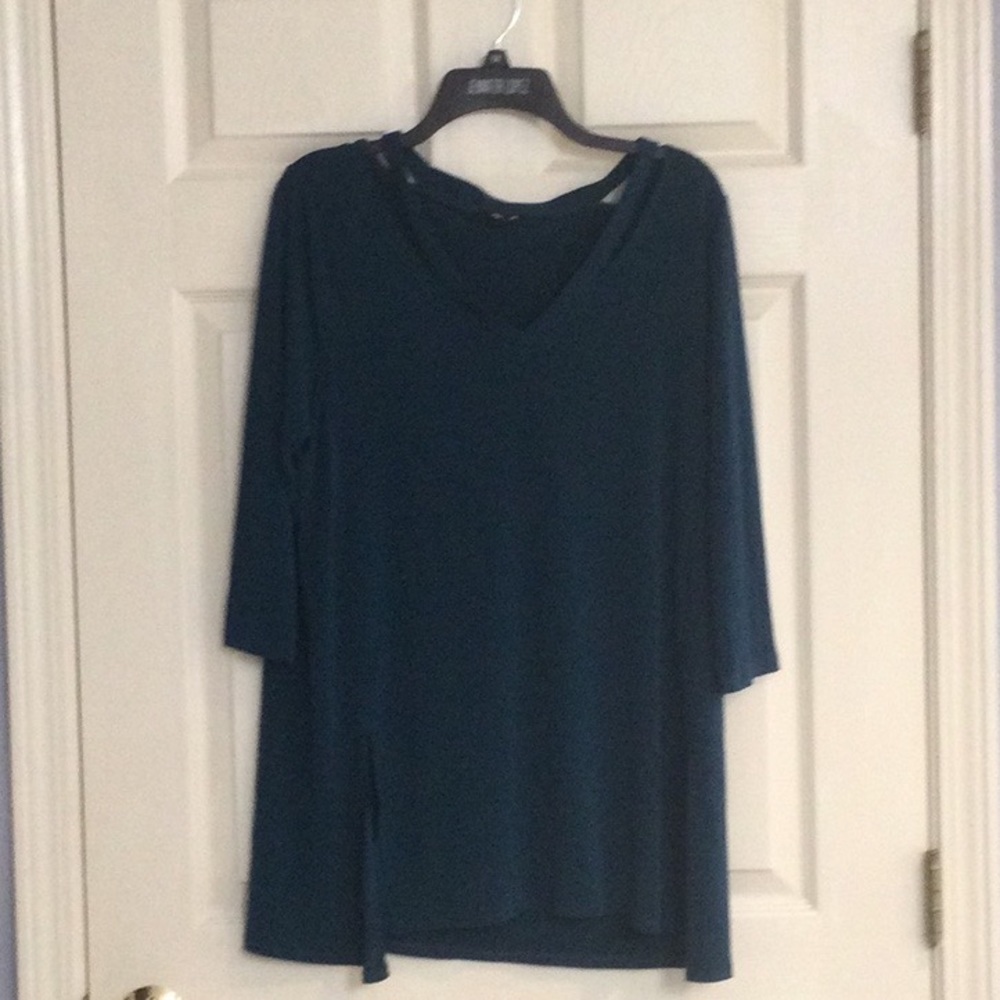 Dark teal tunic with open neckline/shoulder detail